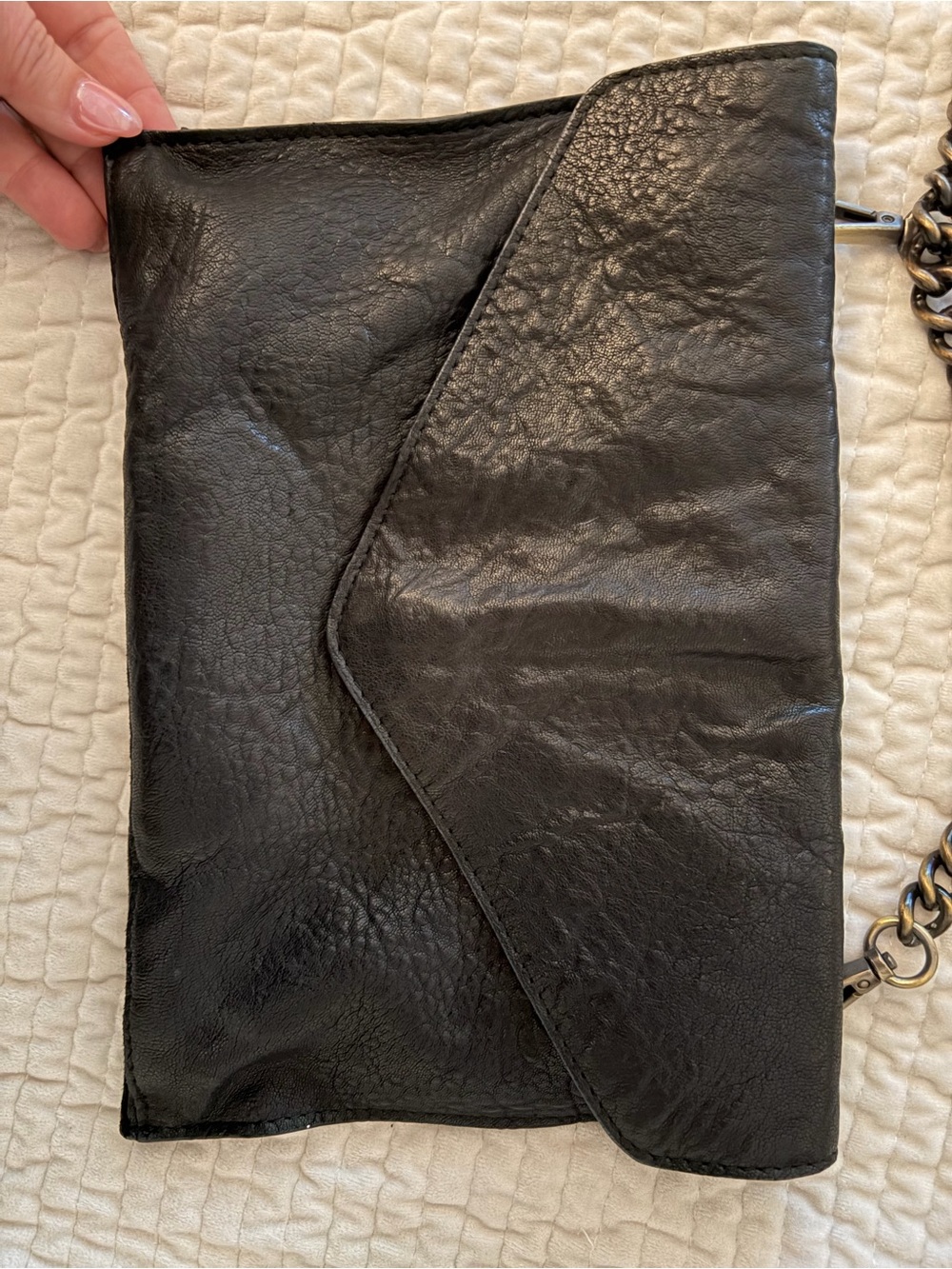 Maxon Collection Black Leather Envelope Crossbody Bag with Chain Strap